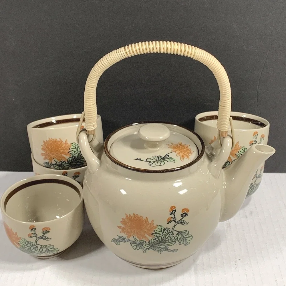 Japanese Tea Set Chrysanthemum Floral Teapot 5 Cups Japan Ceramic Boho Asian Vtg